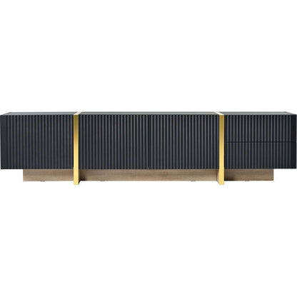 Luxury Fluted TV Stand for TVs Up to 80", Modern Entertainment Center with Storage Cabinets & Drawers, Smooth Media Console with Golden Wood Grain Legs for Living Room, Black