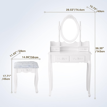 Vanity Table Set with 4 Drawer, Makeup Dressing Table w/Cushioned Stool, Girls Women Bedroom Furniture Set Oval Mirror