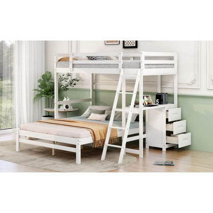 Twin over Full Bunk Bed with Built-in Desk and Three Drawers,White