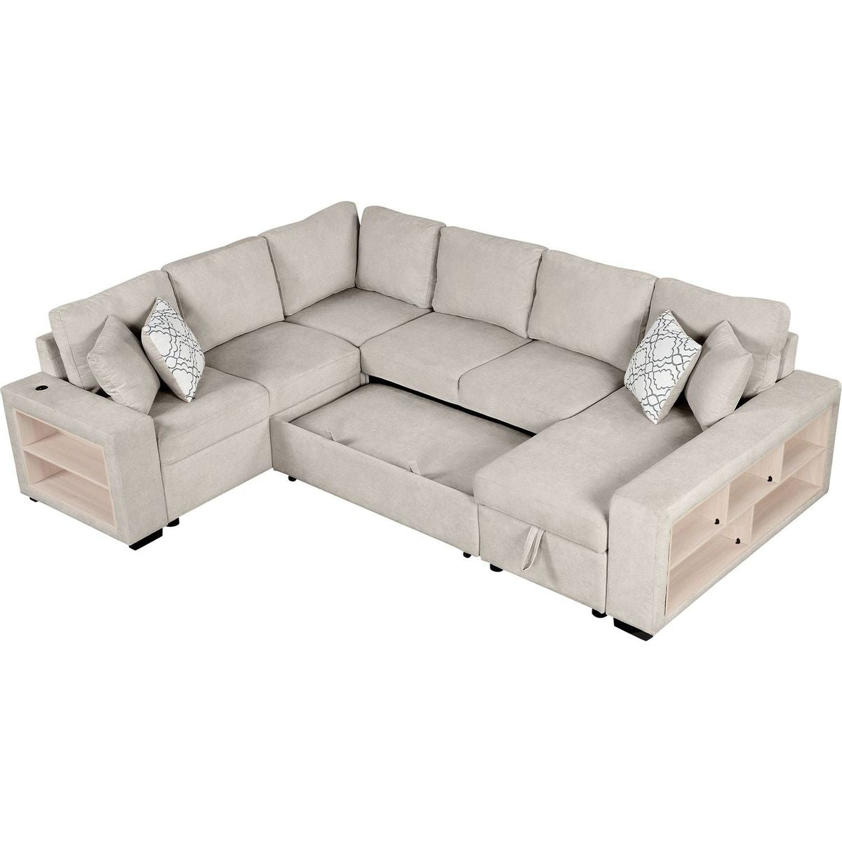 109" U-shaped Sectional Sofa Pull-out Sofa Bed with Two USB Ports, a Storage Chaise Lounge and Four Back Pillows for Living Room, Beige