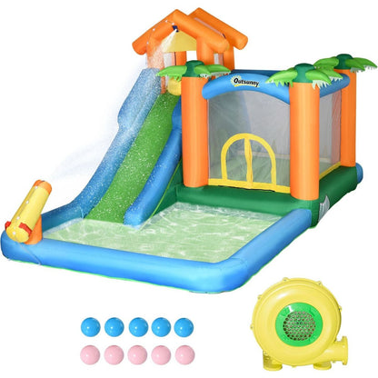 6-in-1 Tropical Inflatable Water Slide Summer Theme Jumping Castle Includes Floating Ball Slide Trampoline Pool Cannon Climbing Wall with Carry Bag, Repair Patches and 450W Air Blower