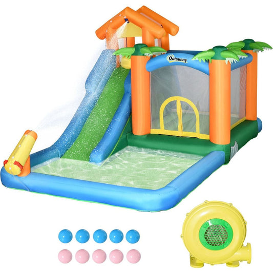 6-in-1 Tropical Inflatable Water Slide Summer Theme Jumping Castle Includes Floating Ball Slide Trampoline Pool Cannon Climbing Wall with Carry Bag, Repair Patches and 450W Air Blower