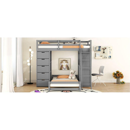 Twin over Twin Bunk Bed with LED Light and USB Ports, Gray