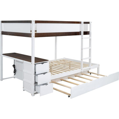 Full-Over-Full Bunk Bed with Twin size Trundle, Storage and Desk, White+Walnut