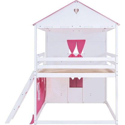 Full Size Bunk Wood House Bed with Elegant Windows, Sills and Tent, Pink+White