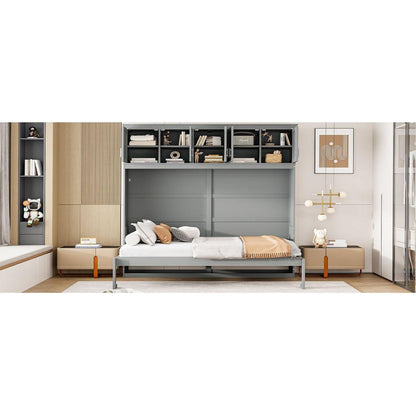 Full Size Murphy Bed Wall Bed with Top Cabinets,Gray