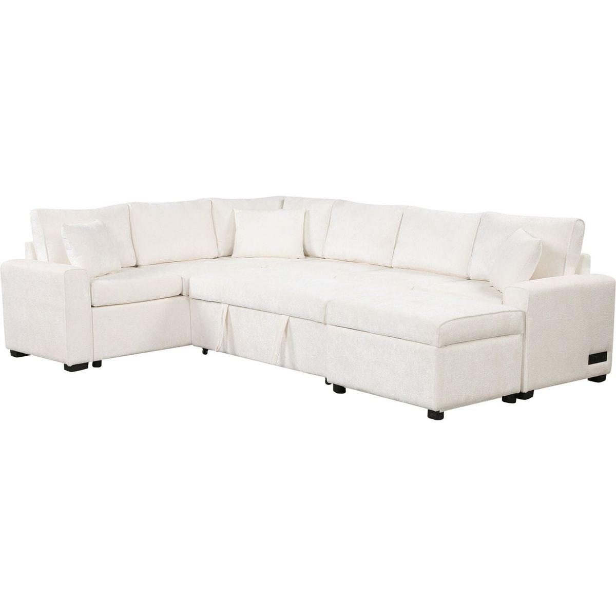 112.2" Sectional Sofa Pull-out Sofa Bed Sleeper with a Storage Ottoman,Three Pillows and Charging Devices for Living Room, Cream