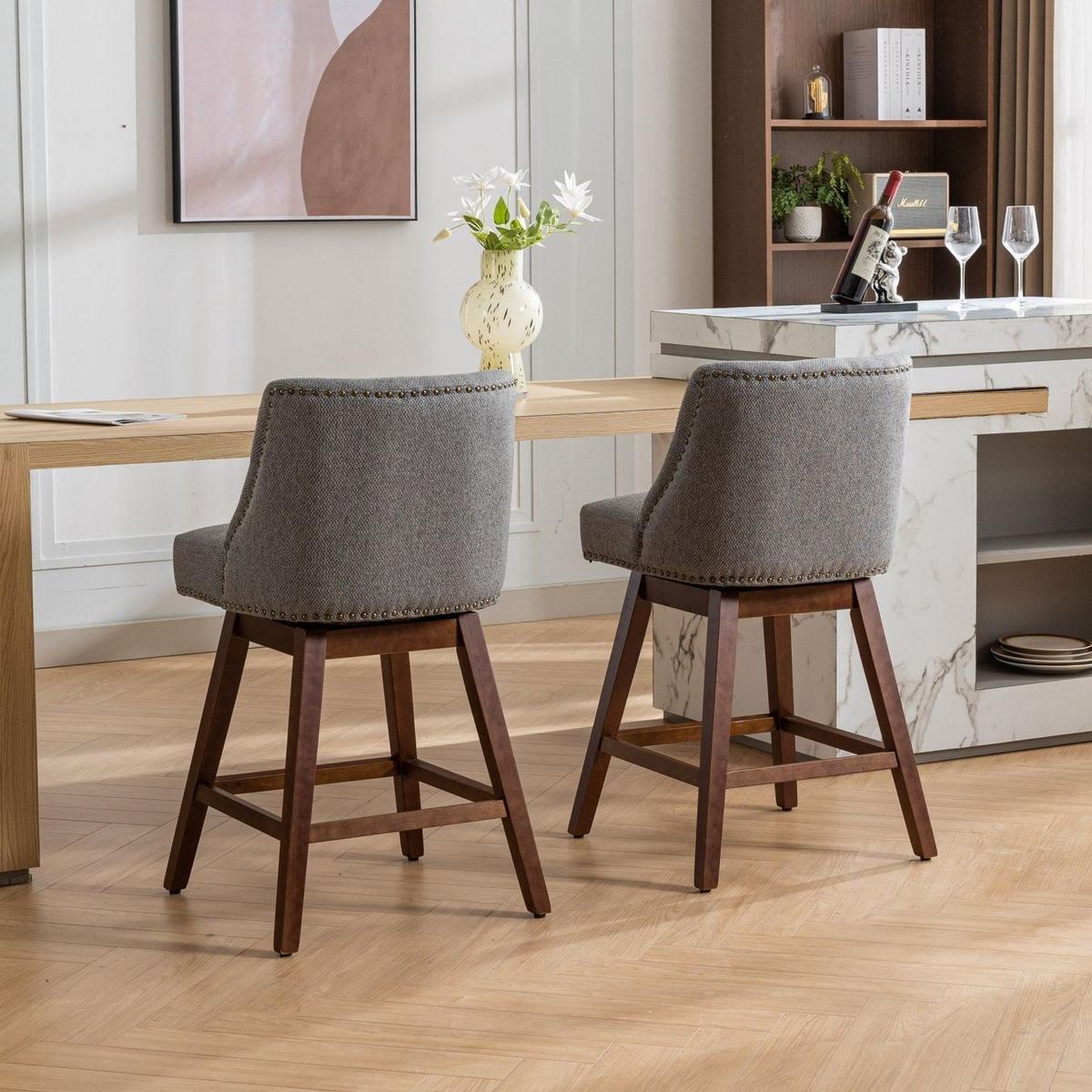 Counter Height Swivel Barstools, 26" H Seat Height Upholstered Bar Stools Set of 2, Fabric in Gray - Streamdale Furniture