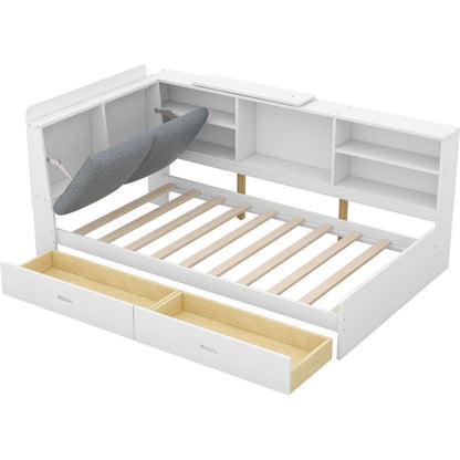Wood Twin Size platform bed with Storage Headboard, Shelves and 2 Drawers, White
