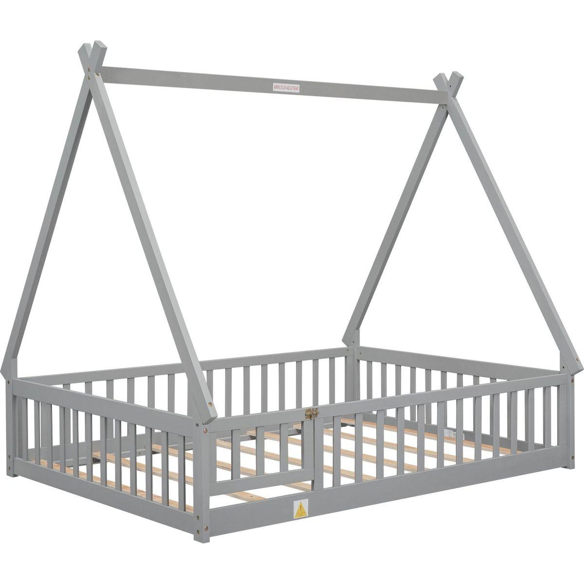 Full Tent-shaped Floor Bed, with Guardrails, Slats, Door, Grey