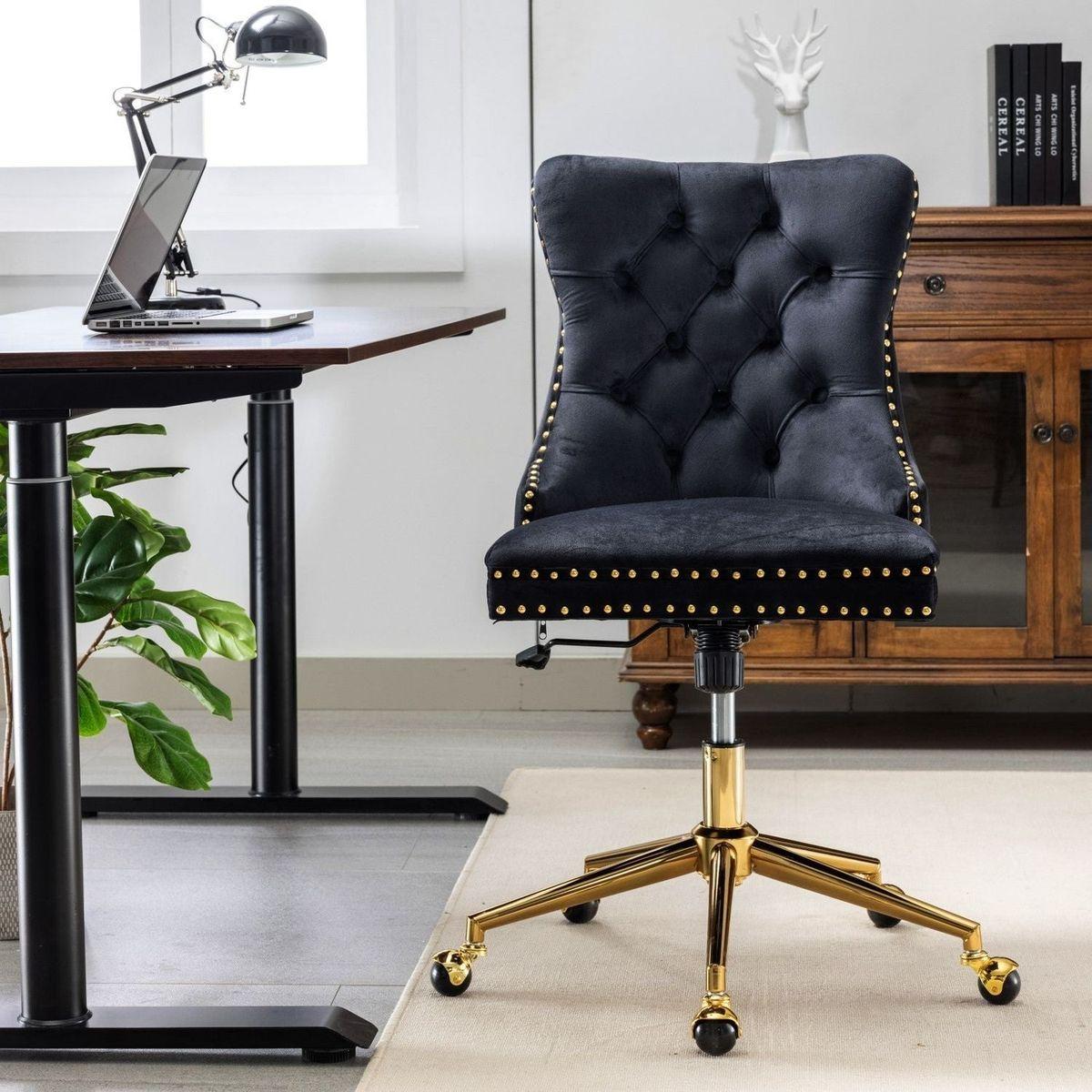 Office Chair,Velvet Upholstered Tufted Button Home Office Chair with Golden Metal Base,Adjustable Desk Chair Swivel Office Chair (Black)