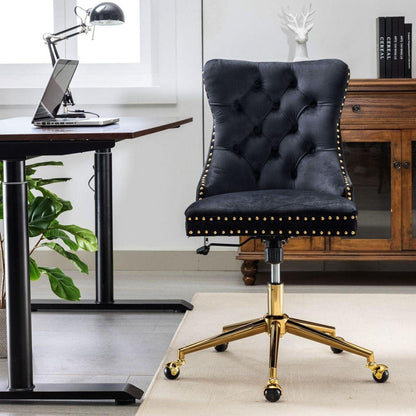 Office Chair,Velvet Upholstered Tufted Button Home Office Chair with Golden Metal Base,Adjustable Desk Chair Swivel Office Chair (Black)