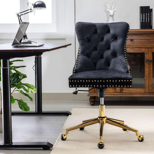 Office Chair,Velvet Upholstered Tufted Button Home Office Chair with Golden Metal Base,Adjustable Desk Chair Swivel Office Chair (Black)