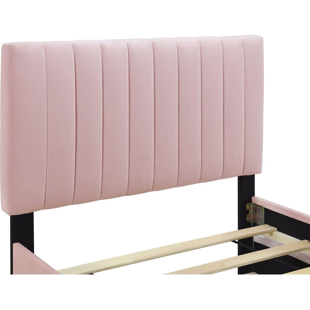 Twin Size Velvet Upholstered Platform Bed with Twin Size Trundle, Pink