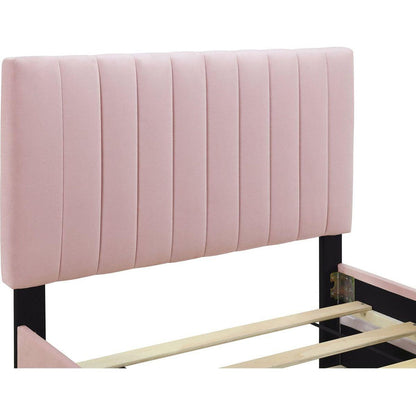Twin Size Velvet Upholstered Platform Bed with Twin Size Trundle, Pink