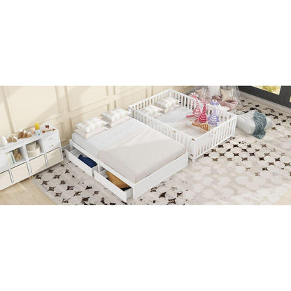 Full Size Wood Daybed with Fence Guardrails and 2 Drawers, Split into Independent Floor Bed & Daybed, White