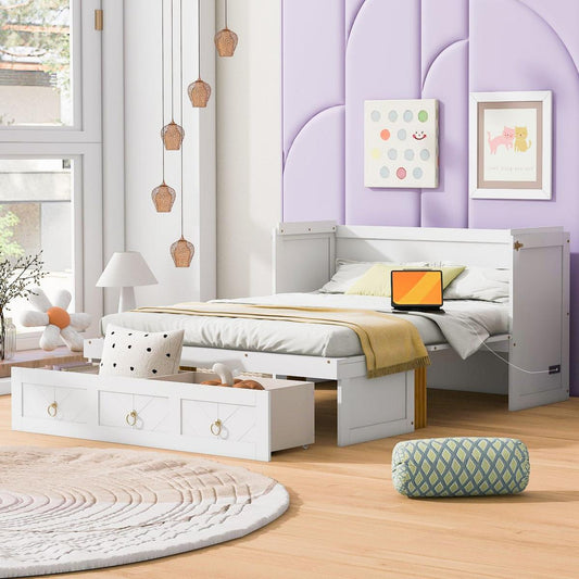 Queen Size Murphy Bed with USB Port and a Large Drawer, White