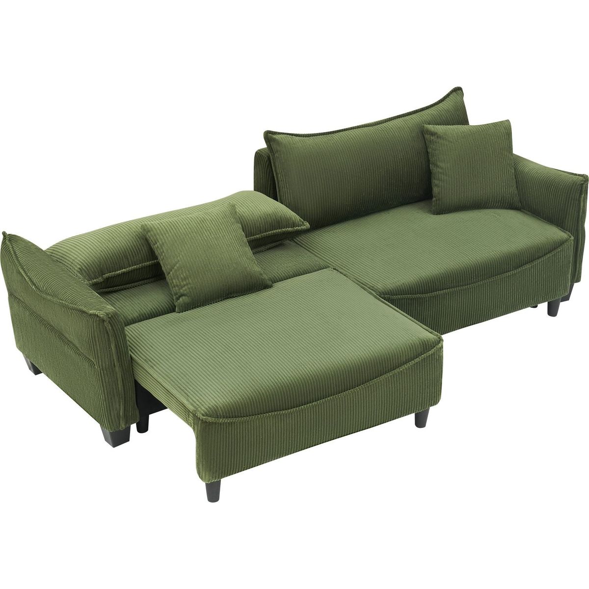 green corduroy fabric, sofa can be converted into a sofa bed with two throw pillows, suitable for living room and other scenes