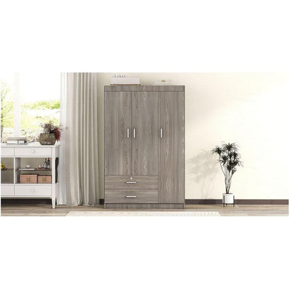 3-Door Wardrobe with 2 Drawers, Wood Grain Effect in Gray