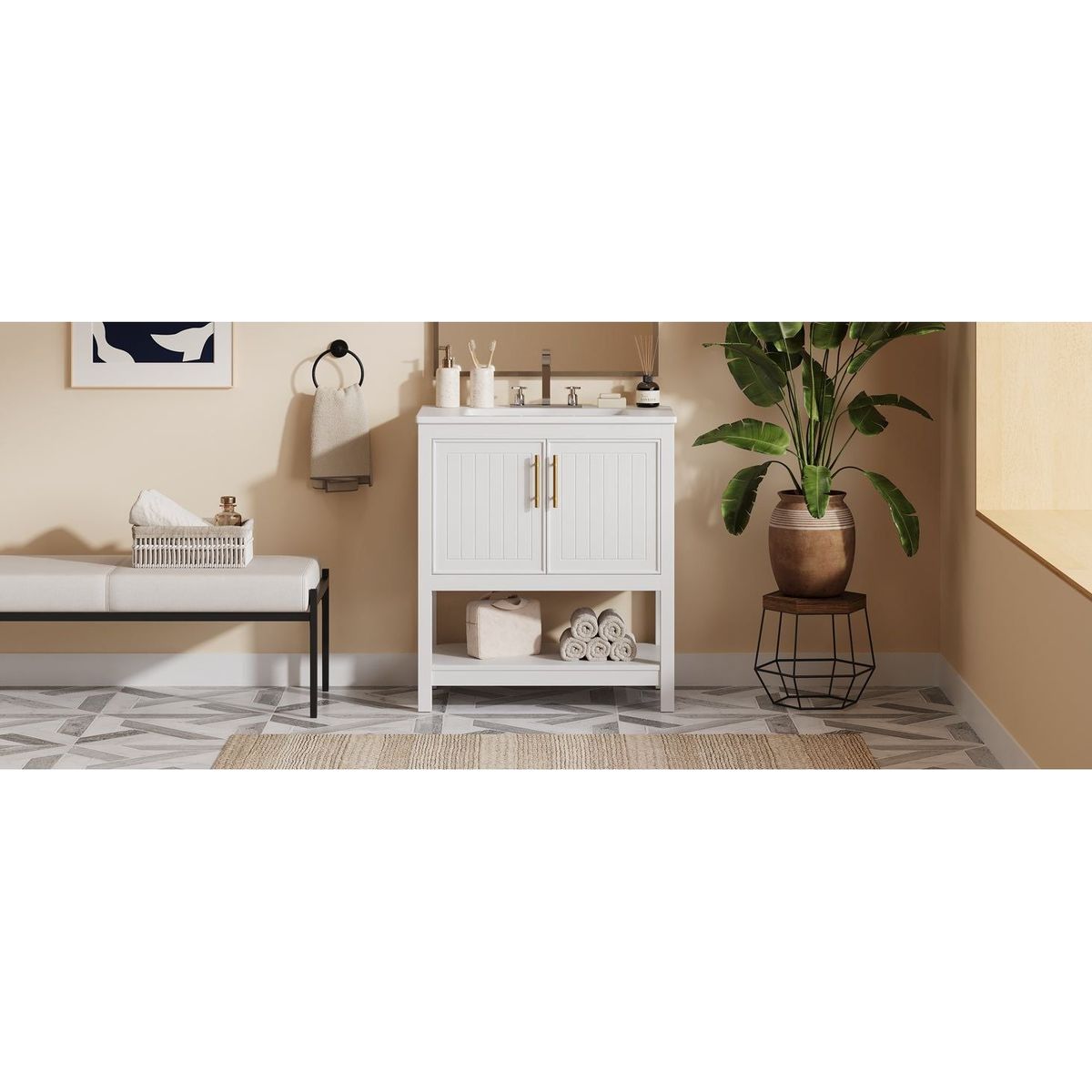 30-Inch White Bathroom Vanity with Ceramic Sink and Versatile Storage - Ideal for Small Bathrooms