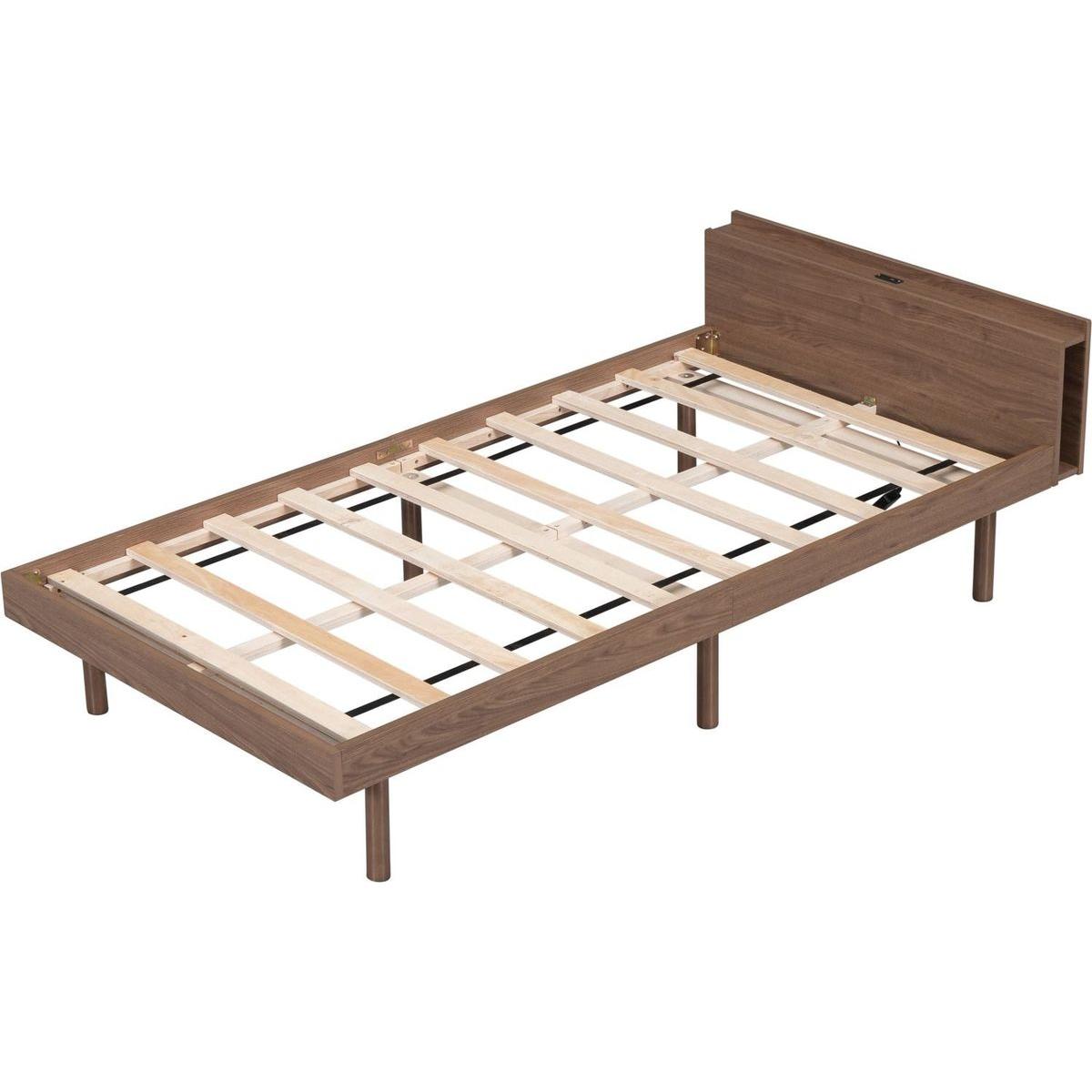 Modern Design Twin Size Platform Bed Frame with Built-in USB port for Walnut Color