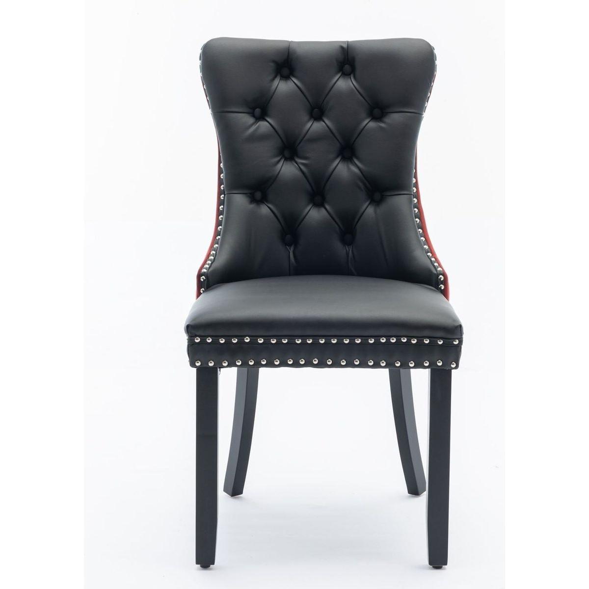 Nikki Collection Modern, High-end Tufted Solid Wood Contemporary PU and Velvet Upholstered Dining Chair with Wood Legs Nailhead Trim 2-Pcs Set, Black+WineRed, Burgundy