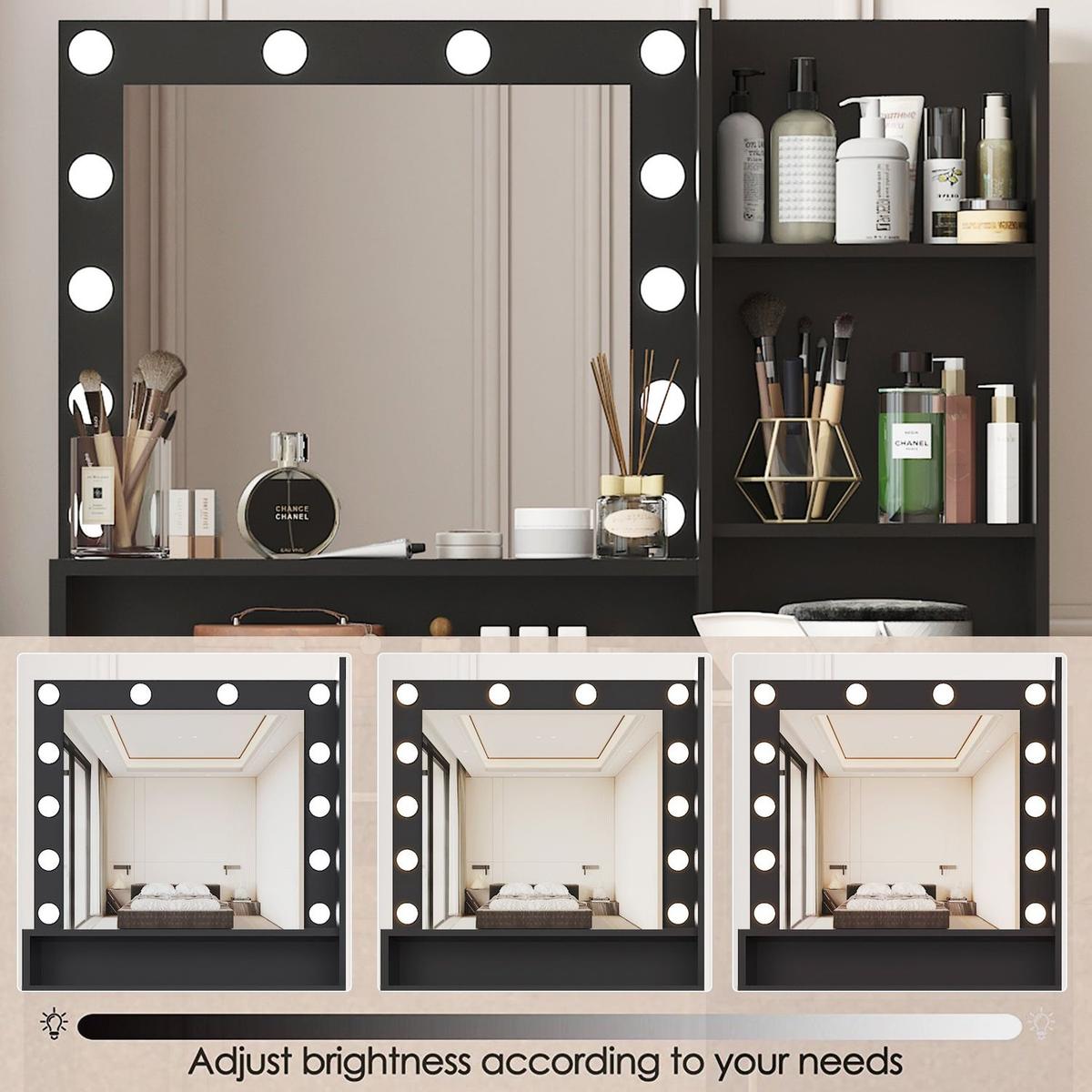 Vanity Desk with Mirror & Light, Large Drawer Three Level Storage Dresser, 3 Lighting Modes Adjustable Brightness, Bedroom Dressing Table (Black)