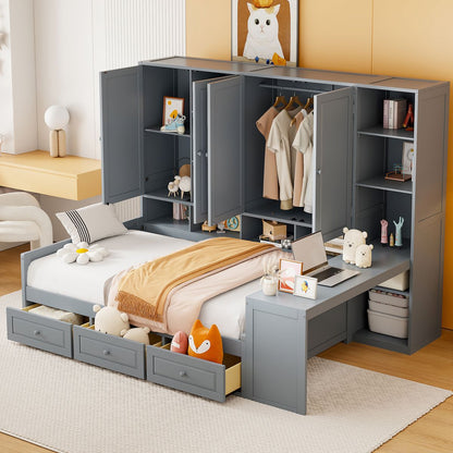 Full Size Wooden Daybed With Three Drawers, and All-in-One Cabinet, Desk and Shelves, Gray