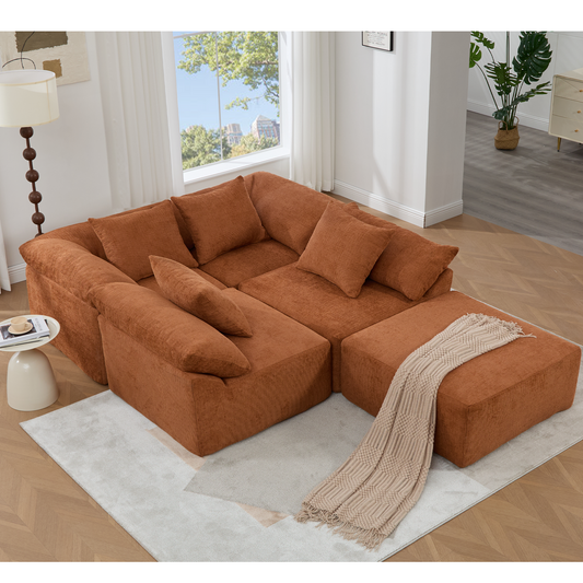[NEW ARRIVED] [VIDEO PROVIDED]  142' L Shaped Modular Sectional Sofa,No Assembly,5 Piece Couch, Convertible Sleeper Couch,Full-Compressed Couch,Free-Combined Couches,5 Seat & Ottoman,Chenille,Orange