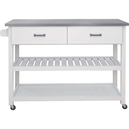 Stainless Steel Table Top White Kicthen Cart With Two Drawers