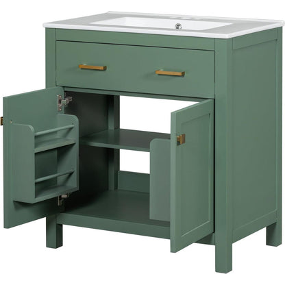 30-inch Bathroom Vanity with Ceramic Sink, Modern Green Single Bathroom Cabinet with 2 Doors and a Shelf, Soft Close Doors