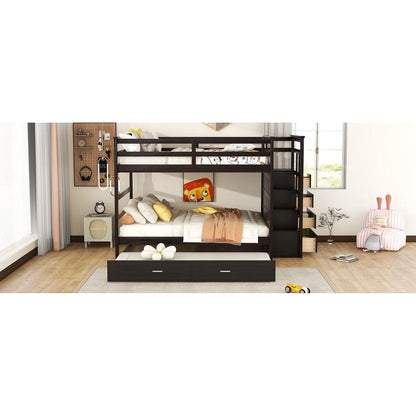 Full Over Full Bunk Bed with Twin Size Trundle and Staircase, Espresso