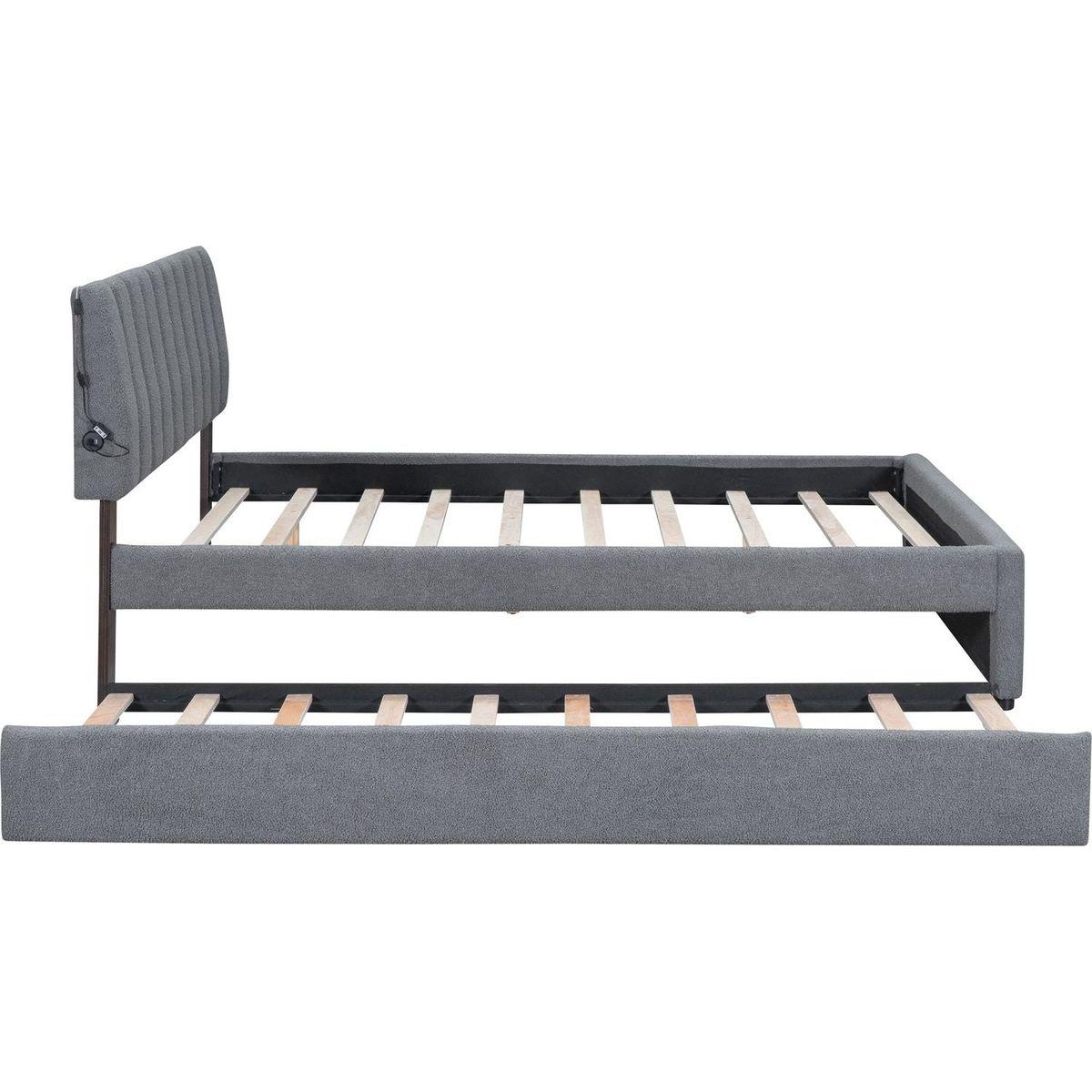 Teddy Fleece Queen Size Upholstered Platform Bed with Trundle, Gray