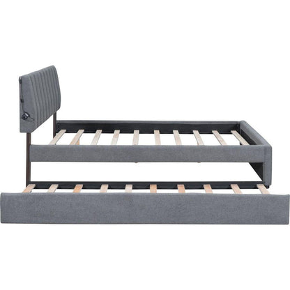 Teddy Fleece Queen Size Upholstered Platform Bed with Trundle, Gray