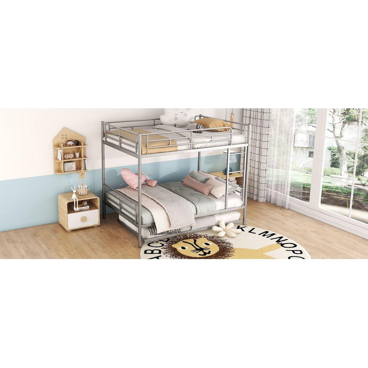 Full Over Full Metal Bunk Bed with Trundle, Silver