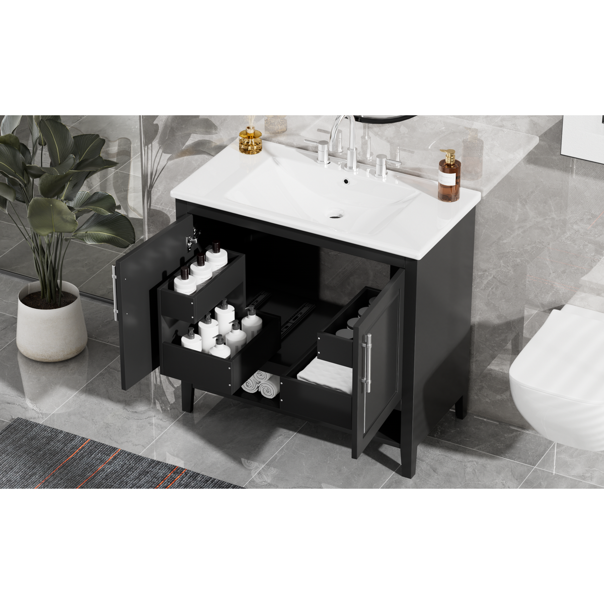 36" Bathroom Vanity with Sink, Multi-functional Bathroom Cabinet with Doors and Drawers, MDF Frame and MDF Board, Black