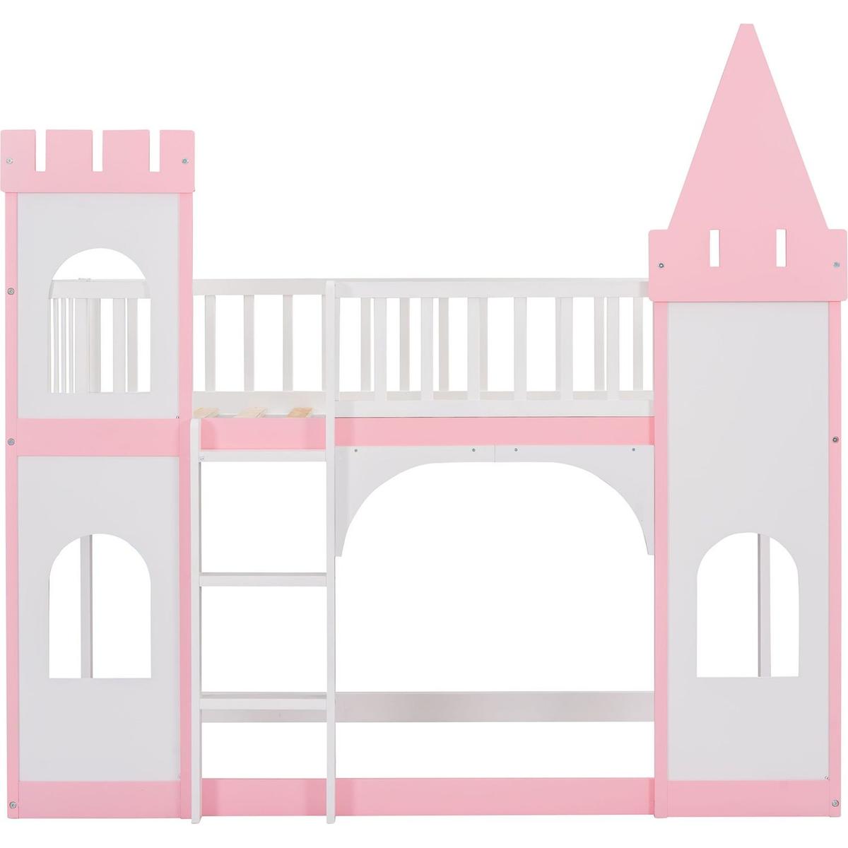 Twin Over Twin Castle Bunk Bed with Ladder - Pink