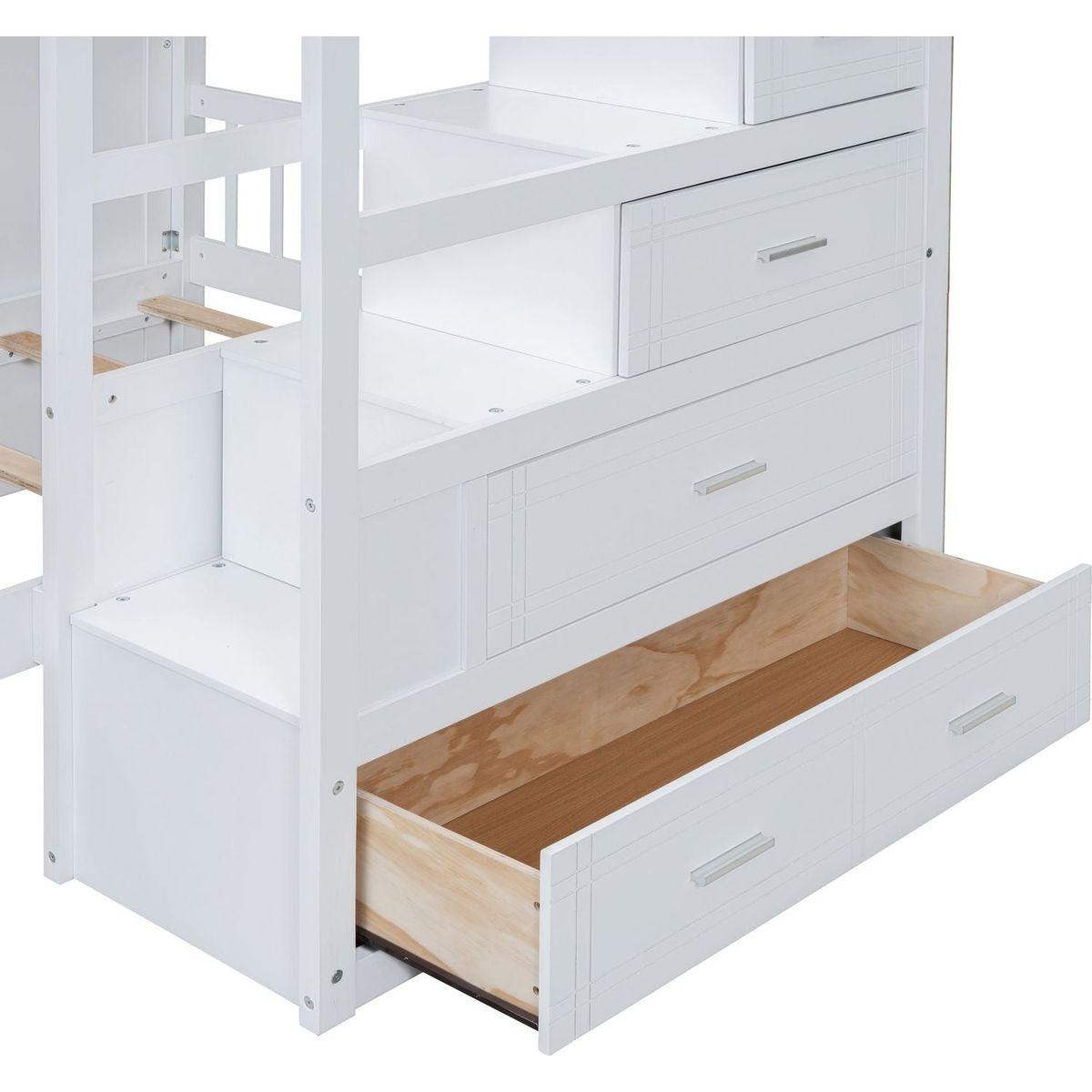 Full Over Twin Bunk Bed with Wardrobe, Drawers, White