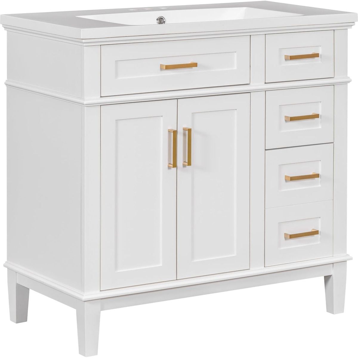 36-inch Bathroom Vanity with Resin Sink, Modern Bathroom Cabinet in White,Featuring Two Soft Close Doors and Four Drawers