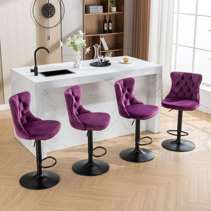 Swivel Velvet Barstools Adjusatble Seat Height from 25-33 Inch,17.7inch base, Modern Upholstered Bar Stools with Backs Comfortable Tufted for Home Pub and Kitchen Island,Purple,Set of 2