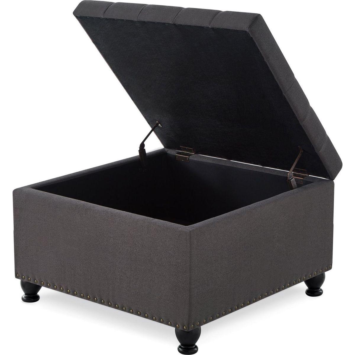 Large square storage ottoman with wooden legs, Upholstered button tufted coffee table with nail trims for Living Space,Dark Grey