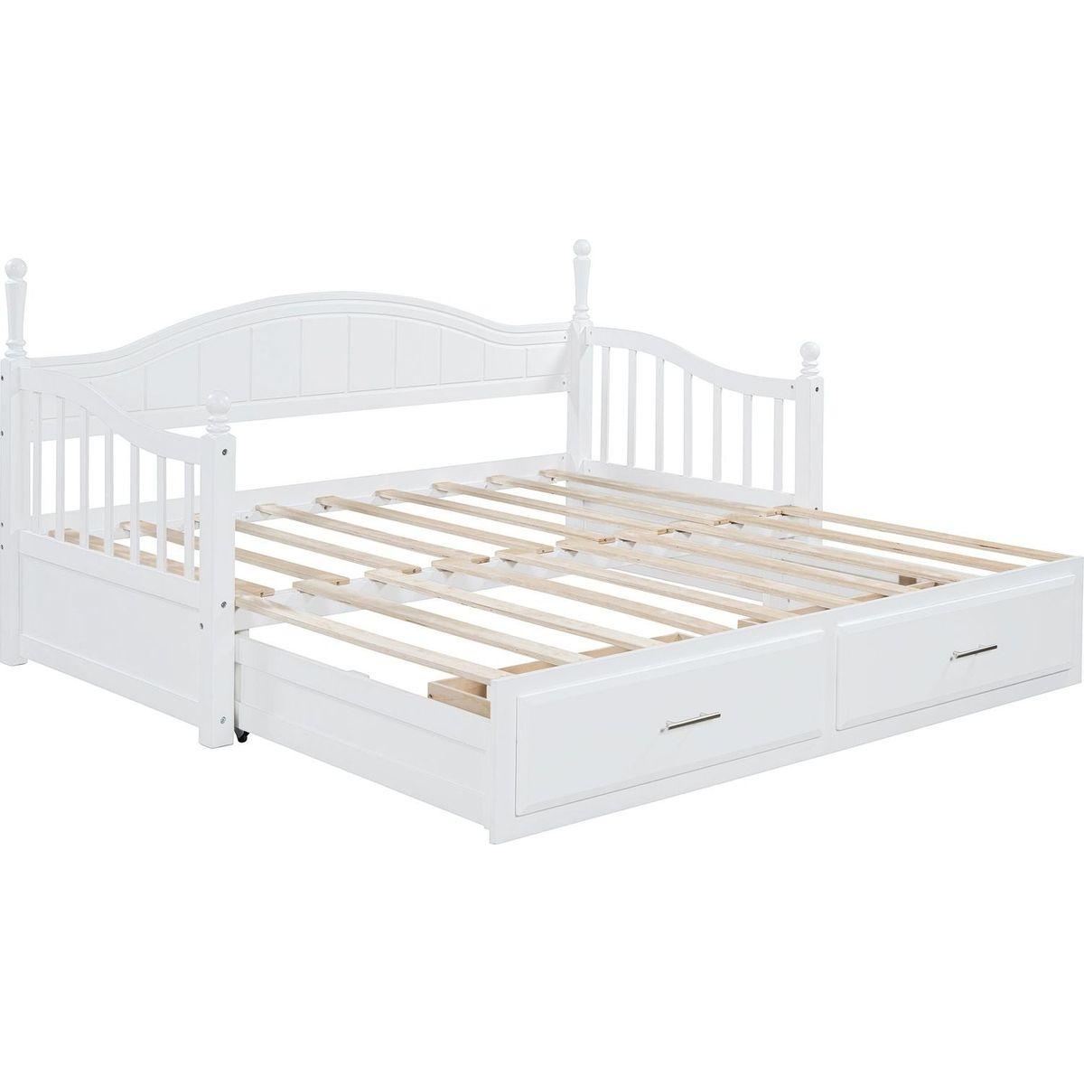 Wooden Twin Size Daybed with Twin Size Trundle, Extendable Daybed with Two Storage Drawers,White