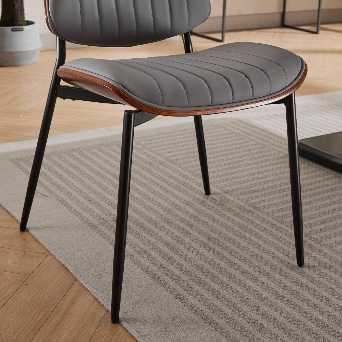 Dining Chairs Set of 2 Mid Century Modern Retro Faux Leather Chair with Walnut Bentwood Back Upholstered Seat Metal Legs Adjustable Foot for Kitchen Dining Room Chairs(Gray PU)