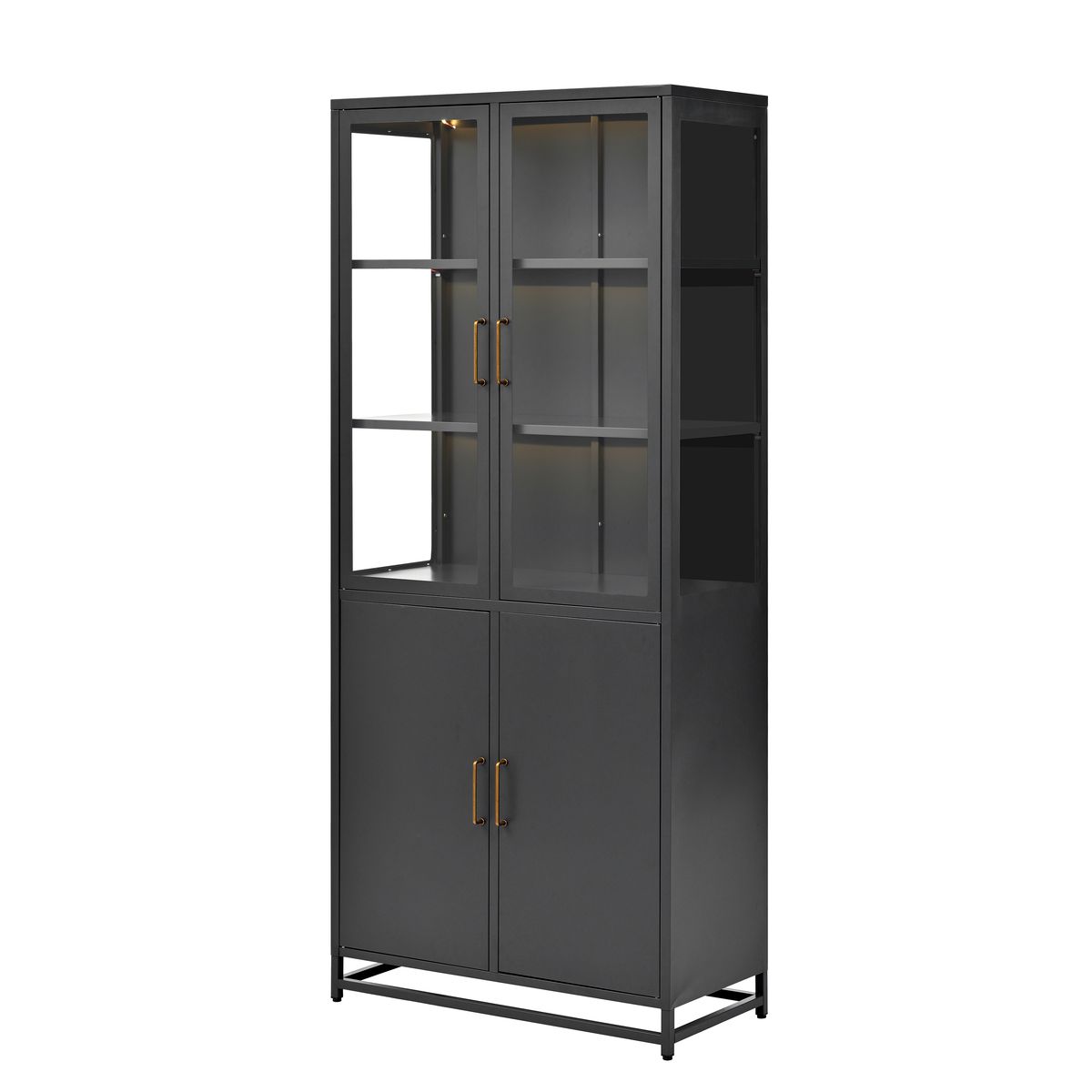 Modern Style 76.75'' Tall Steel Display Cabinet with Double Glass Doors, LED Lights, 3-Sided Glass for Collectibles - Black