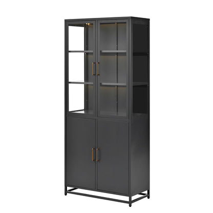 Modern Style 76.75'' Tall Steel Display Cabinet with Double Glass Doors, LED Lights, 3-Sided Glass for Collectibles - Black