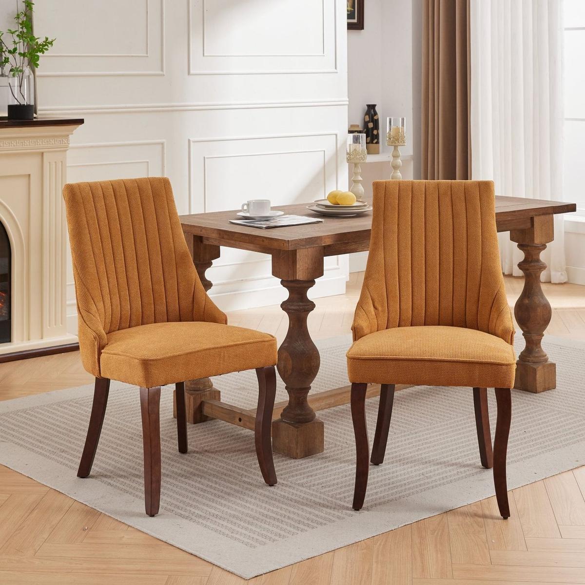 Rayon Cloth Flocking Linen Dining Chairs Channel Kitchen Dinner Chair Comfy Fabric Upholstered Accent Chair for Dining Room with Curved Solid Wood Legs,Set of 2 (Gold)