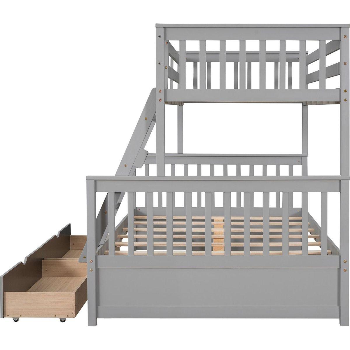 Twin-Over-Full Bunk Bed with Ladders and Two Storage Drawers(Gray){o
