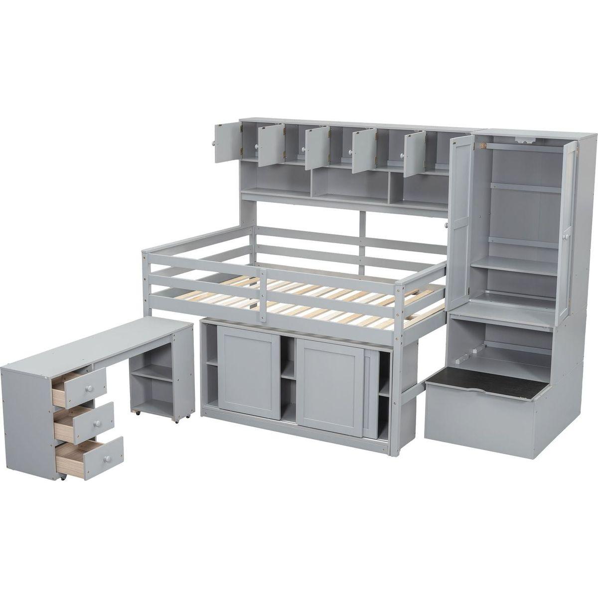 Full Size Wooden Loft Bed Big Storage with Under-bed Desk, with Drawers, with Shelves, Gray