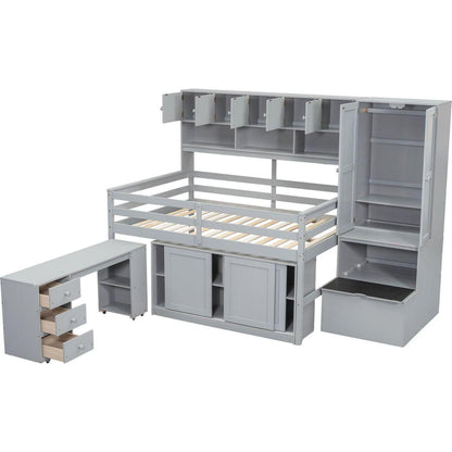 Full Size Wooden Loft Bed Big Storage with Under-bed Desk, with Drawers, with Shelves, Gray