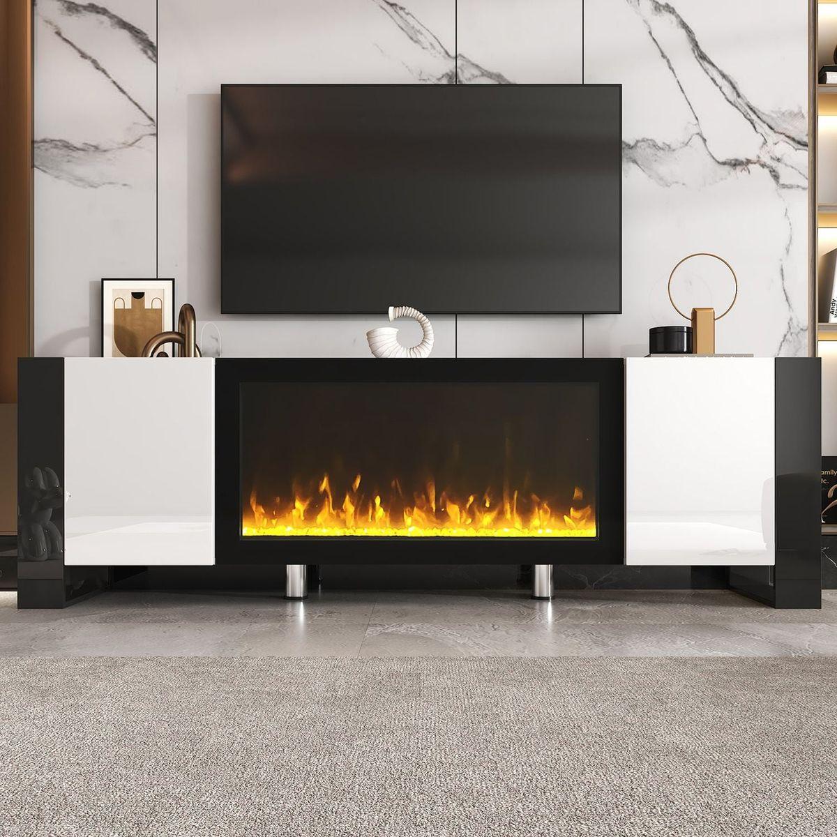 Modern TV Stand with 34.2" Non-heating Electric Fireplace, High Gloss Entertainment Center with 2 Cabinets, Media Console for TVs up to 78", White